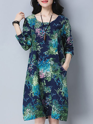 Casulal Pocket Printed Long Sleeves Dresses-Newchic-