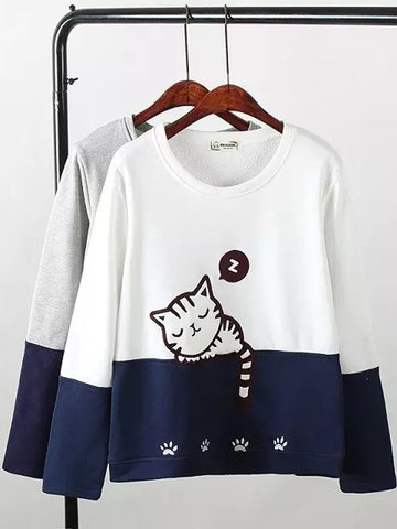 Cats Printed Contrast Color Sweatshirts-Newchic-