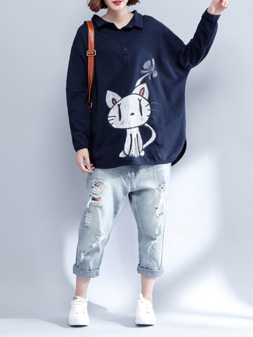 Cats Printed Side Slit Sweatshirts-Newchic-