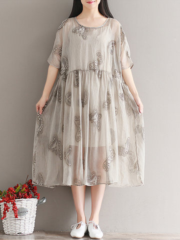 Chiffon Casual Loose Embroidery O-Neck Two Layer Women Dresses-Newchic-