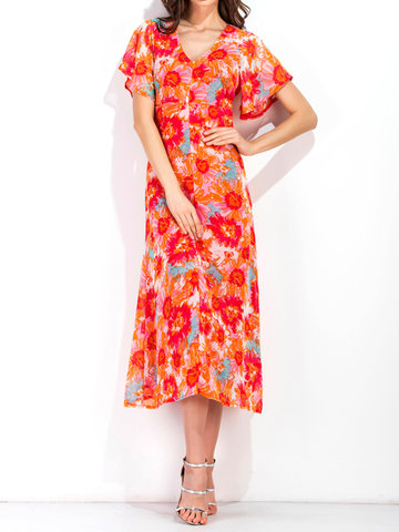 Chiffon Floral Print Backless Short Sleeve V-neck Dress For Women-Newchic-