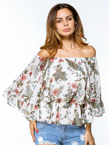 Chiffon Floral Print Off-shoulder 3/4 Sleeve Women Blouses-Newchic-