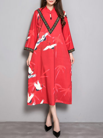 Chinese Style Cranes Printed Women Dresses-Newchic-