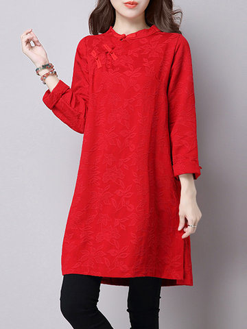 Chinese Style Jacquard Button Stand Collar Dress-Newchic-