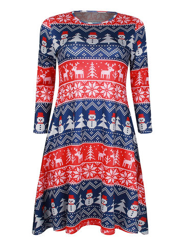 Christmas Printed 3/4 Sleeve Mini Dresses-Newchic-
