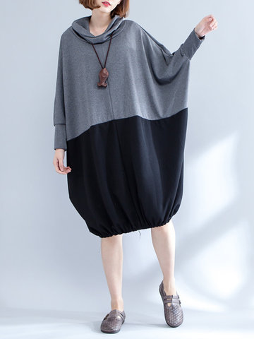 Color Contrast Batwing Sleeve Turtleneck Dress-Newchic-