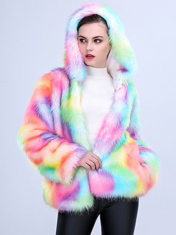 Colorful Faux Fur Hooded Warm Coats-Newchic-