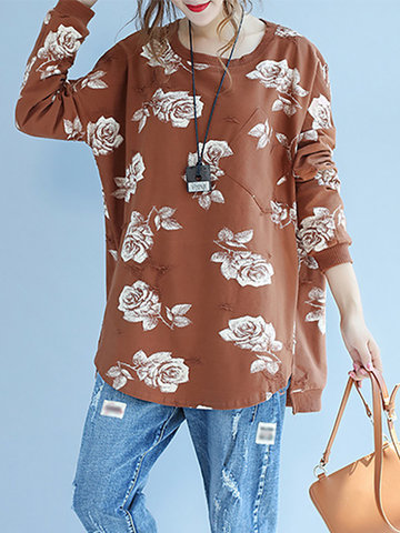 Country Style Pocket Printed Long Sleeves O Neck Shirts For Women-Newchic-