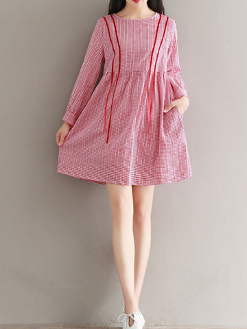 Country Style Red Plaid Printed Long Sleeves Dress For Women-Newchic-