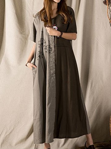 Dandelion Print Patchwork Loose Short Sleeve O-neck Women Maxi Dress-Newchic-