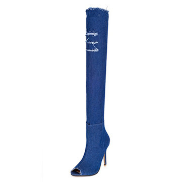 Denim Peep Toe High Heel Thigh High Boots-Newchic-Blue