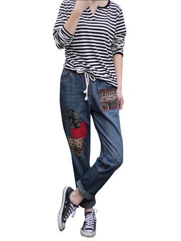 Elastic Waist Embroidery Jeans-Newchic-