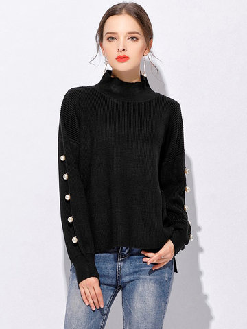 Elegant Bead Side Split Irregular Hem Stand Collar Sweater-Newchic-