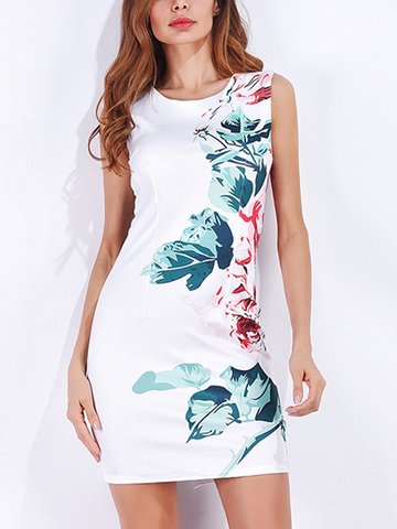 Elegant Floral Print Bodycon Sleeveless O-neck Women Mini Dress-Newchic-