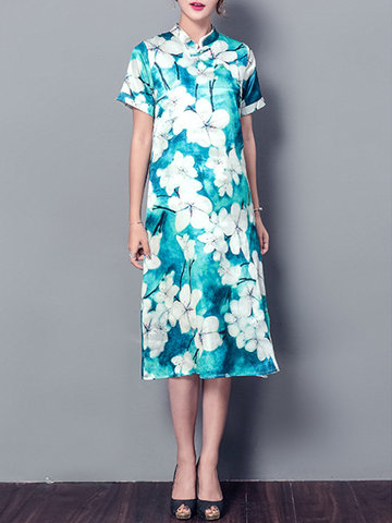 Elegant Floral Print Short Sleeve Stand Collar Women Dresses-Newchic-