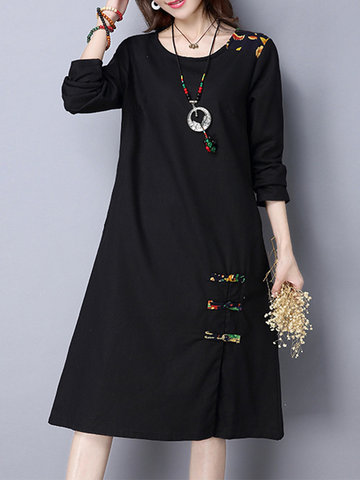 Elegant Print Split Pockets A-Line Long Sleeve O-Neck Dress-Newchic-