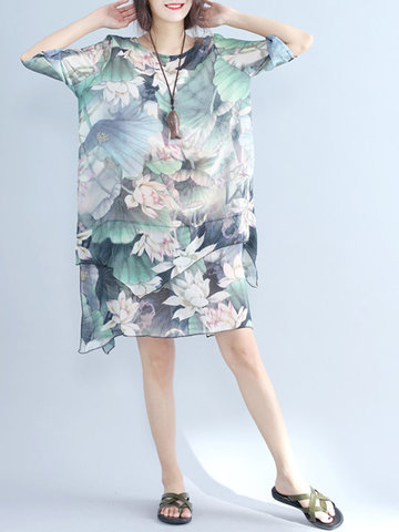 Elegant Printed Half Sleeves O-neck Chiffon Dresses For Women-Newchic-