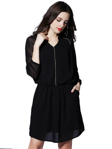 Elegant Pure Color Elastic Waist Chiffon Mini Dress For Women-Newchic-