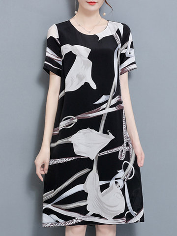 Elegant Random Print Shirt Sleeve O-neck Women Dresses-Newchic-