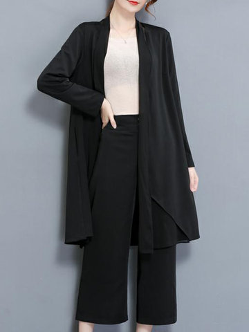 Elegant Solid Pockets Patchwork Long Sleeve Kimonos For Women-Newchic-