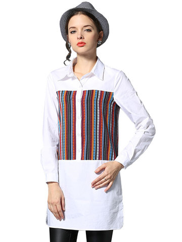 Elegant Stripe Patchwork Lapel Split Long Blouse For Women-Newchic-