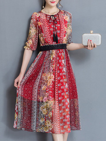 Elegant Women Floral Printed Chiffon Half Sleeve Dresses-Newchic-