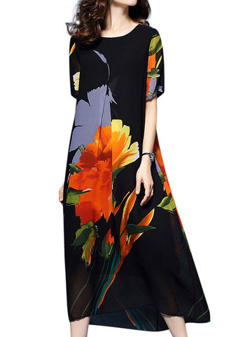 Elegant Women Floral Printed Short Sleeve Mid-Long Dresses-Newchic-