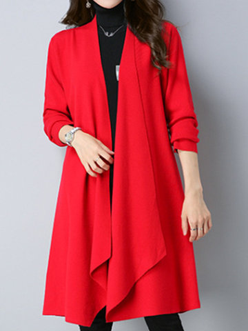 Elegant Women Knitted Long Sleeve Asymmetrical Hem Coats-Newchic-