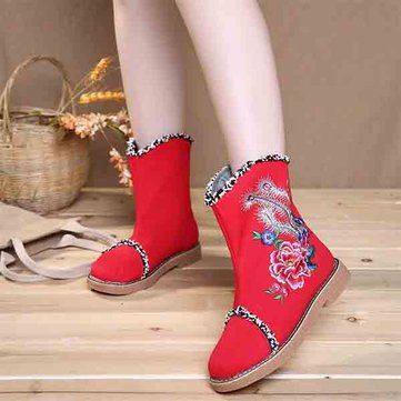 Embroidered Flower Warm Fur Lining Folkways Mid Calf Flat Boots-Newchic-Multicolor