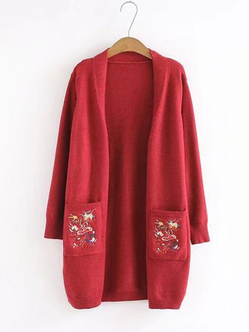 Embroidered Pocket Long Sleeve Cardigans-Newchic-