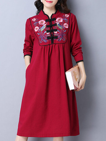 Embroidered Vintage Plate Buckle Dresses-Newchic-