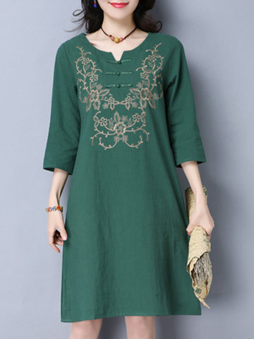 Embroidery Button Solid 3/4 Sleeve V-Neck Dress-Newchic-
