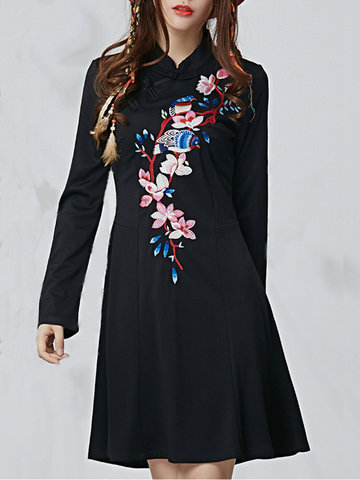 Embroidery Buttons Long Sleeve Dress-Newchic-