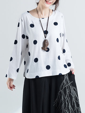 Embroidery Dot Loose Long Sleeve Tops-Newchic-