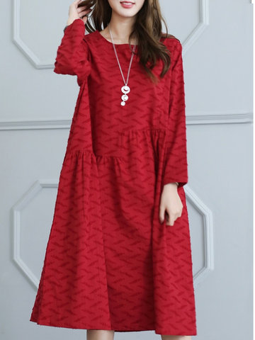 Embroidery Floral Print Fold Long Sleeve Dress-Newchic-