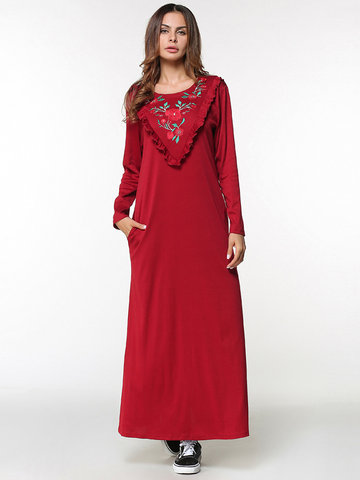 Embroidery Flouncing Long Sleeve Dress-Newchic-