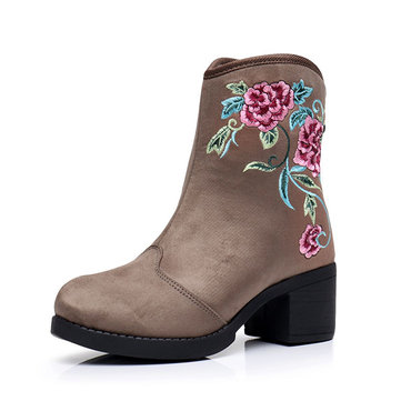Embroidery Flower Block Boots-Newchic-Multicolor