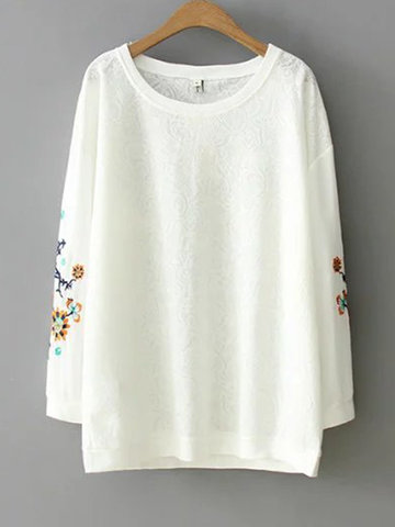 Embroidery Jacquard Long Sleeve Tops-Newchic-