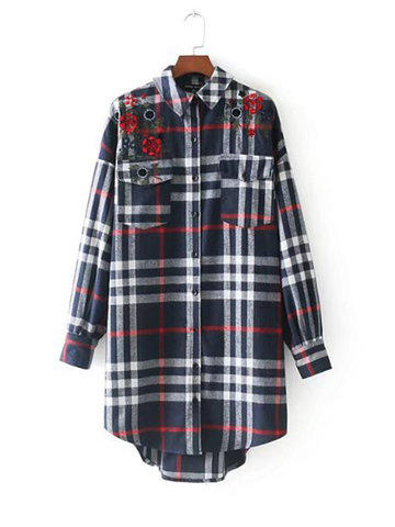 Embroidery Plaid Lapel Long Blouses-Newchic-