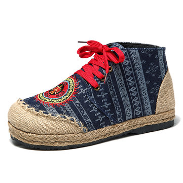 Embroidery Retro Ankle Boots-Newchic-Blue