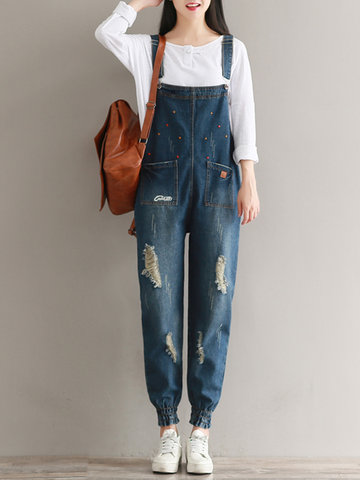Embroidery Ripped Loose Denim Jumpsuits-Newchic-