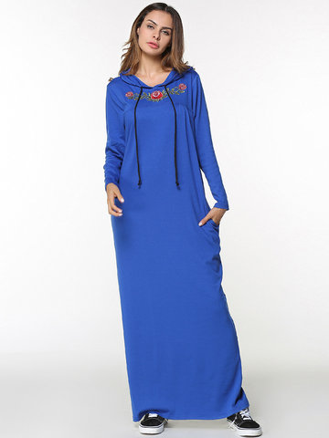 Embroidery Solid Long Sleeve Hooded Maxi Dress-Newchic-