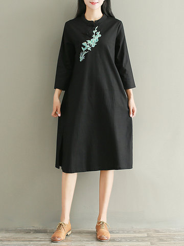 Embroidery Split Buttons 3/4 Sleeve Dress-Newchic-