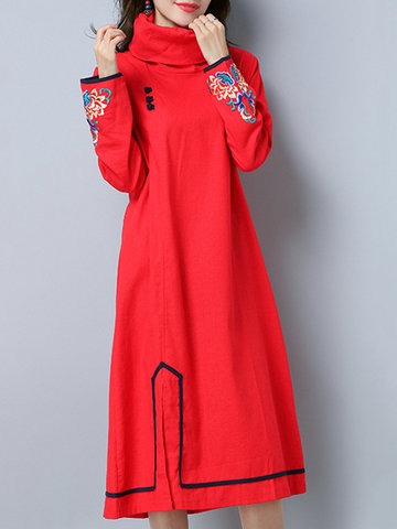 Embroidery Split Stand Collar Long Sleeve Dress-Newchic-