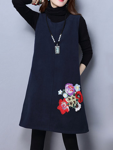 Embroidery Woolen Sleeveless O-Neck Mini Dress-Newchic-