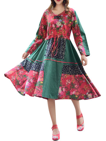 Ethnic Patchwork Drawstring Vintage Dresses-Newchic-