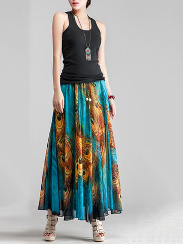 Ethnic Style Women Peacock Feathers Printed Maxi Skirt-Newchic-