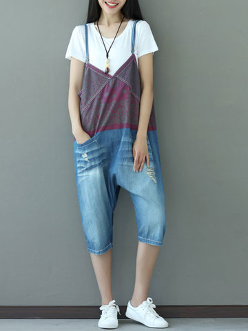 Fashion Printed Stitching Strap Denim Shorts Women Jumpsuits-Newchic-