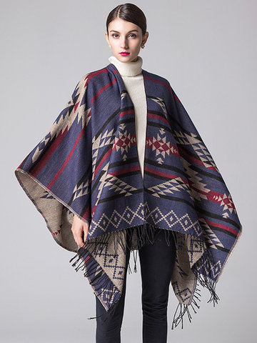 Fashion Women Autumn Winter Printed Stripe Cloak Poncho Cape Tassel Shawls Scarf-Newchic-