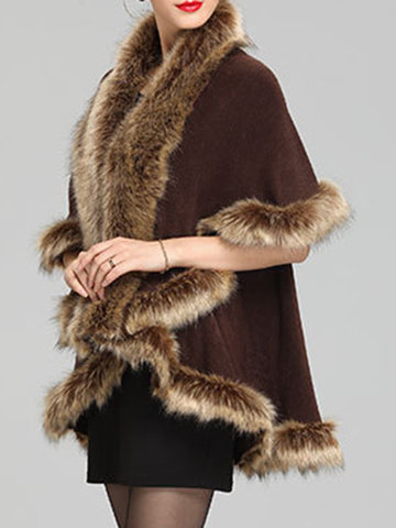 Faux Fur Collar Knitted Shawl Coats-Newchic-